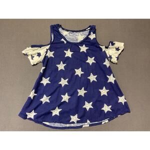 New Directions Weekend Women's Star Print Cold Shoulder Top Size M Blue White